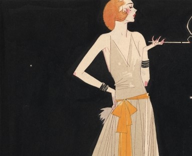 Full-length illustration of a fashionably dressed flapper standing with one hand on her hip and a cigarette in the other hand. A stream of smoke from the cigarette forms a curving, twisting, decorative line.